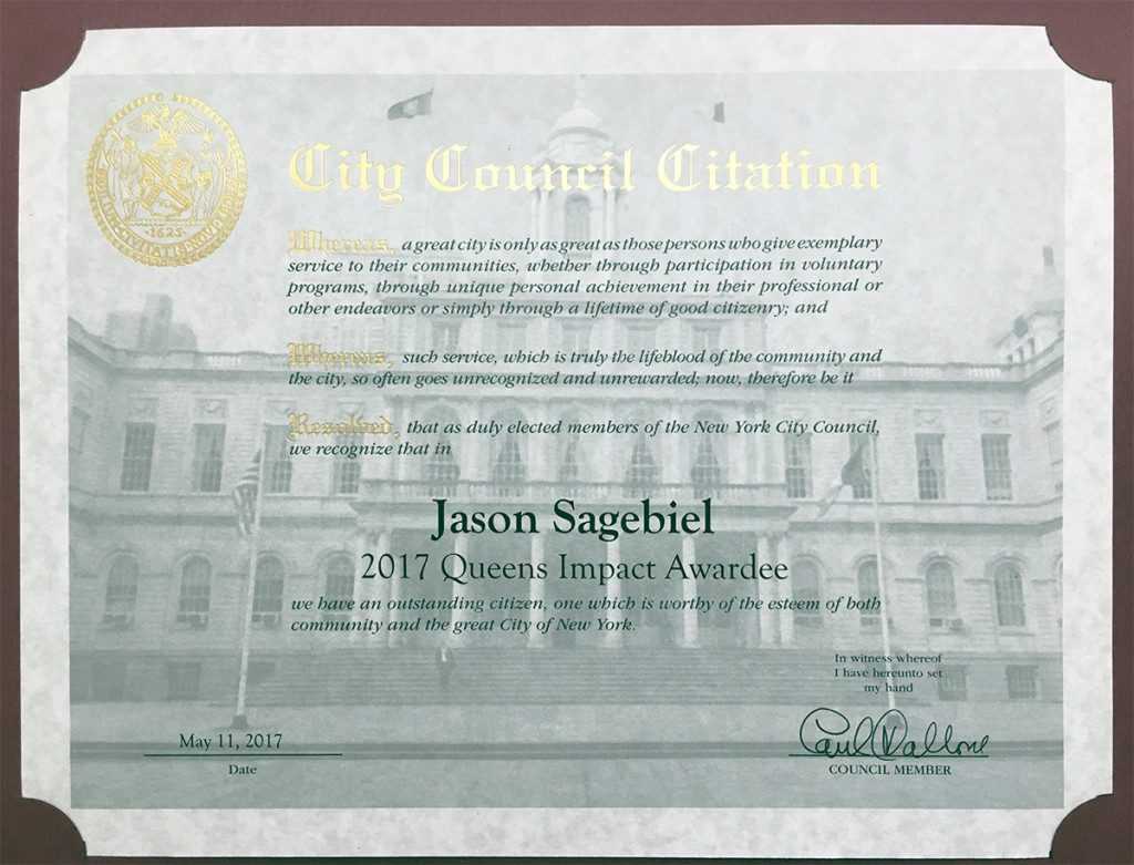 Jason Sagebiel New York City Council Citation
