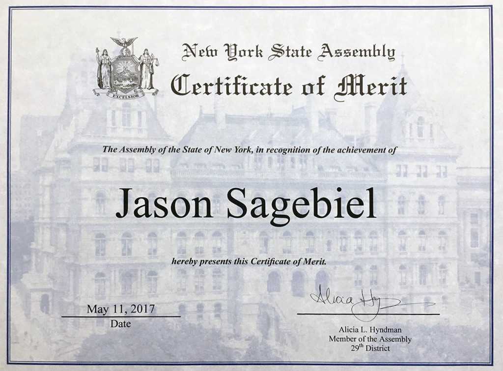 Jason Sagebiel New York State Assembly Certificate Of Merit