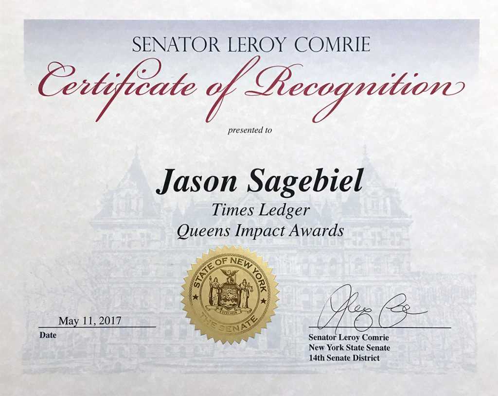 Jason Sagebiel New York State Senate Certificate of Recognition