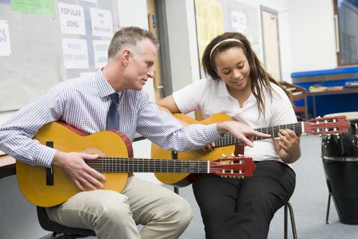 A guitar teacher and student