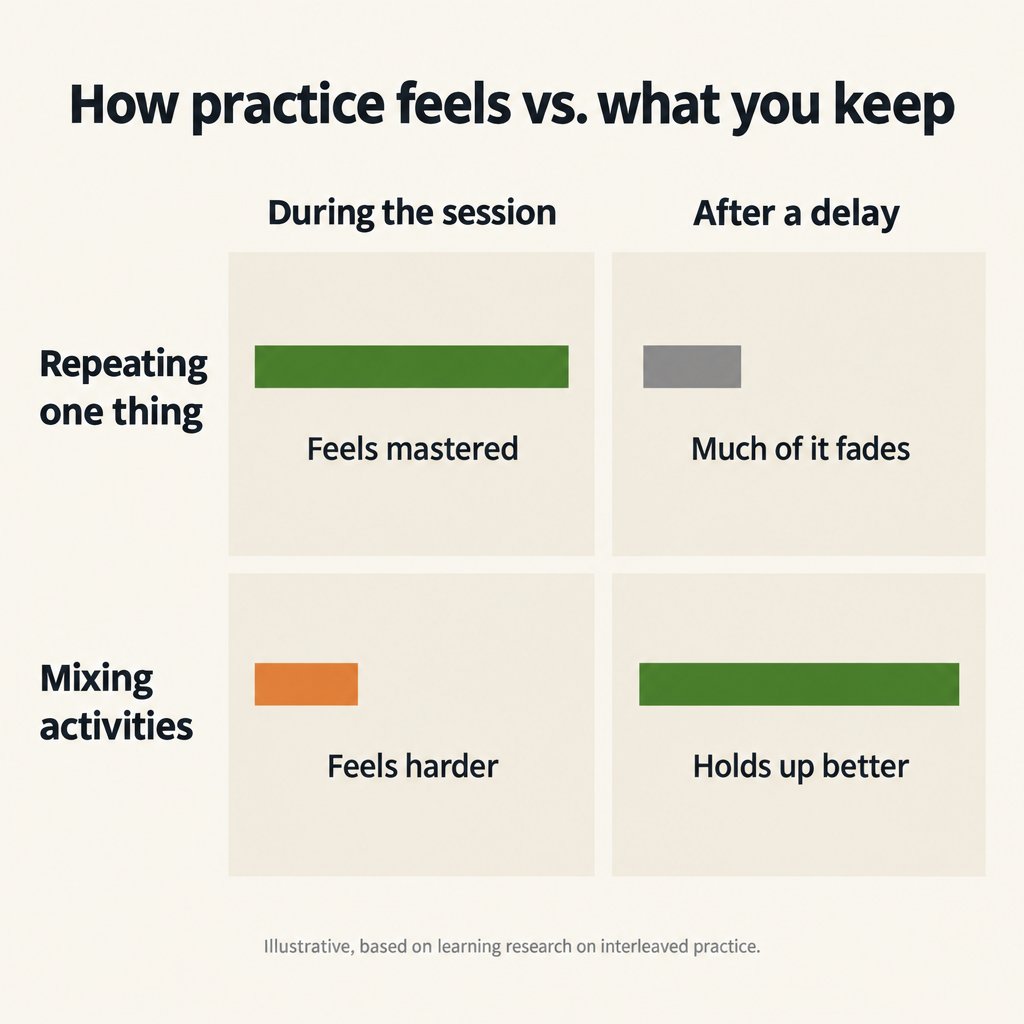 Chart comparing how practice feels with what you keep: repeating one thing feels mastered but fades, mixing activities feels harder but holds up better after a delay