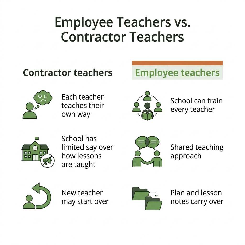 Comparison of contractor and employee music teachers and what each means for how lessons are taught