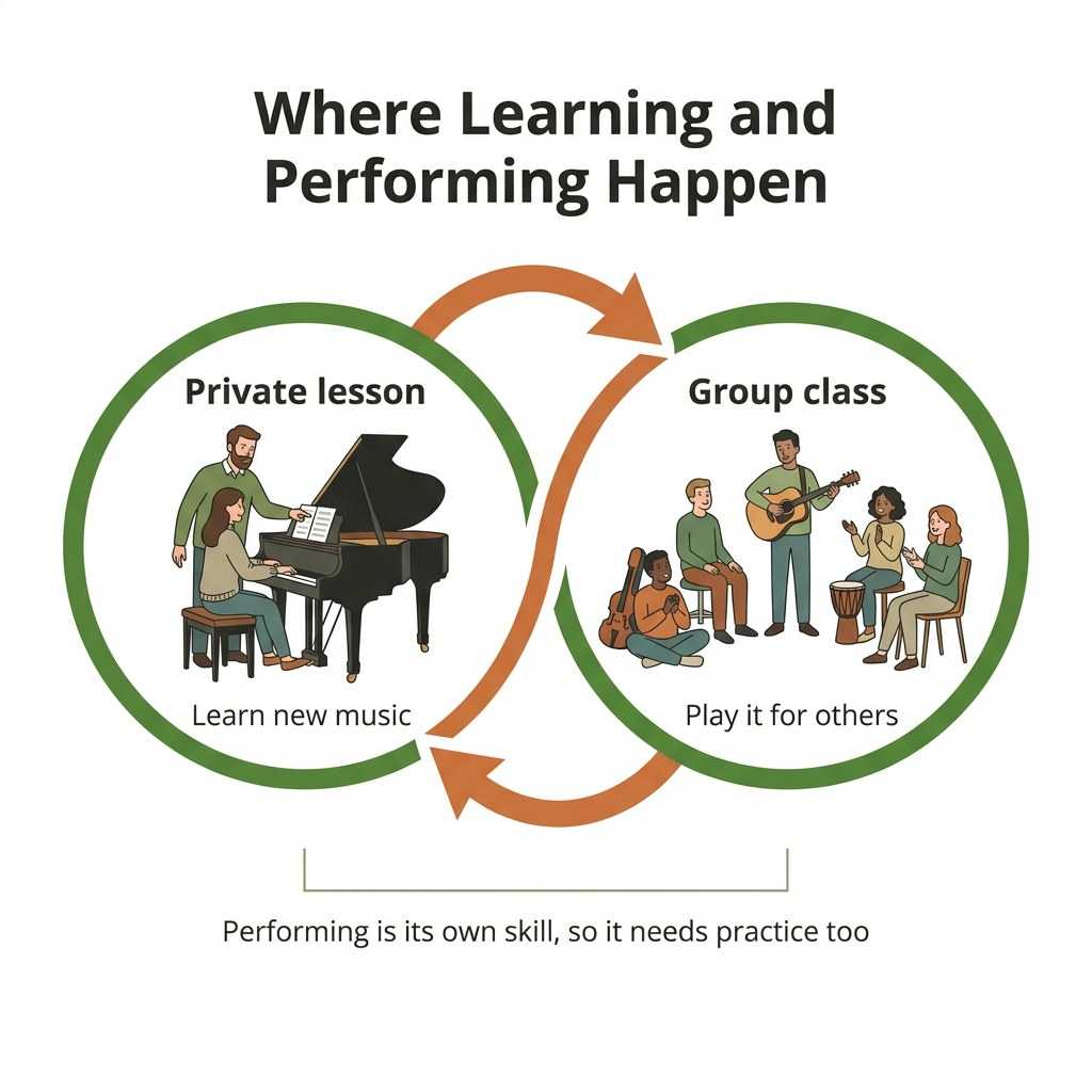 Private lessons for learning new music connected to group classes for playing it in front of others