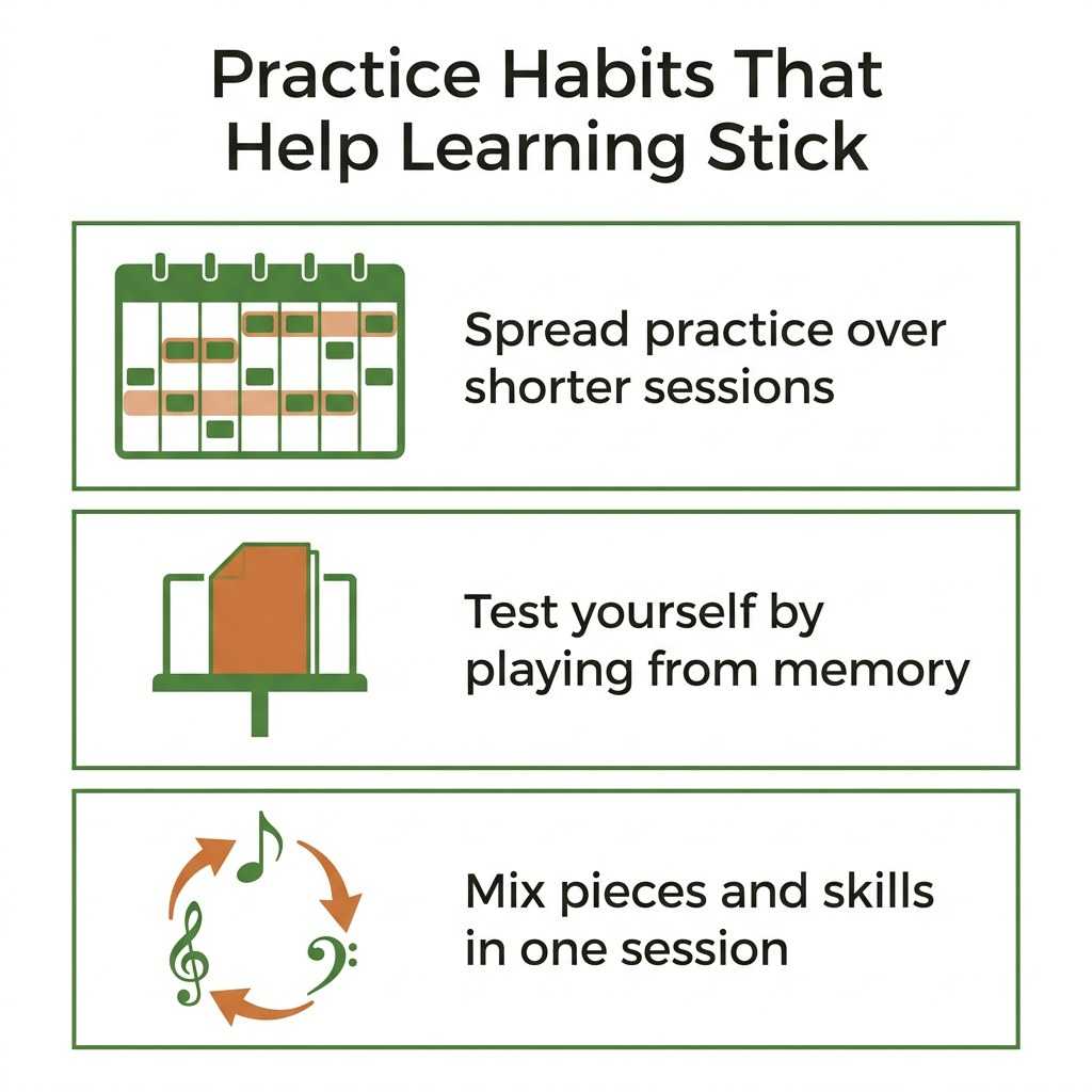 Three practice habits: shorter spread-out sessions, playing from memory, and mixing pieces in one session