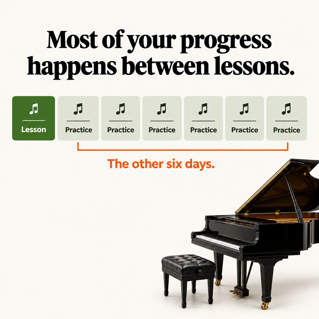 Graphic showing one weekly lesson followed by six practice days, labeled the other six days, illustrating that most progress happens between lessons