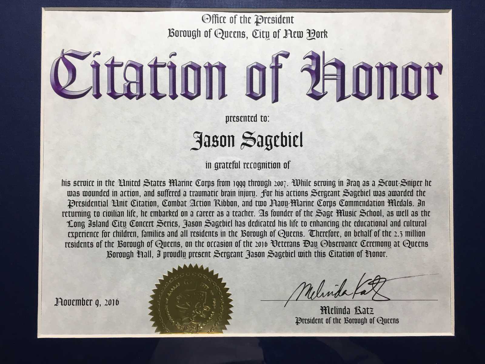 Sage Music Founder Honored by Queens Borough President Melinda Katz