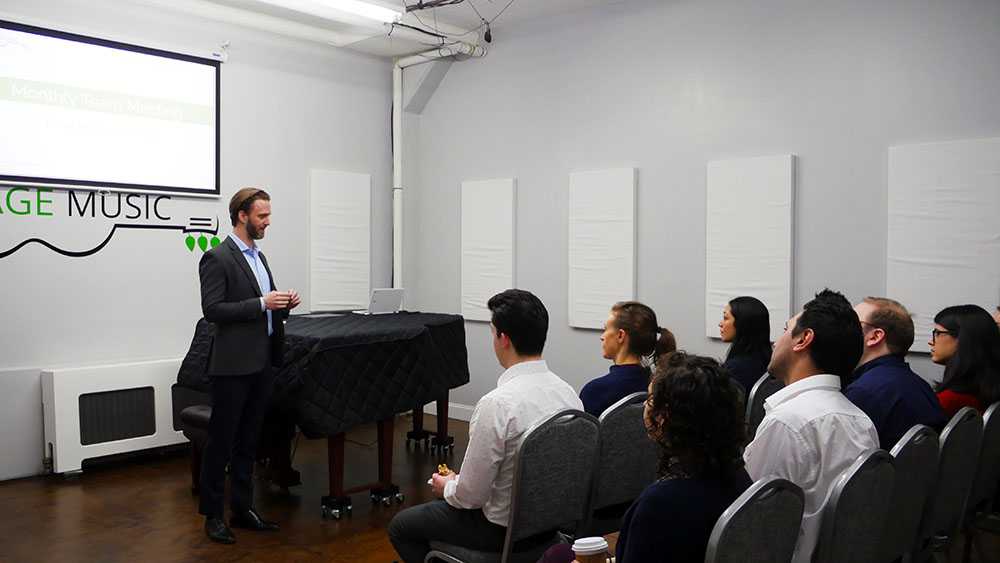 The Sage Music founder giving a class to instructors on teaching music effectively