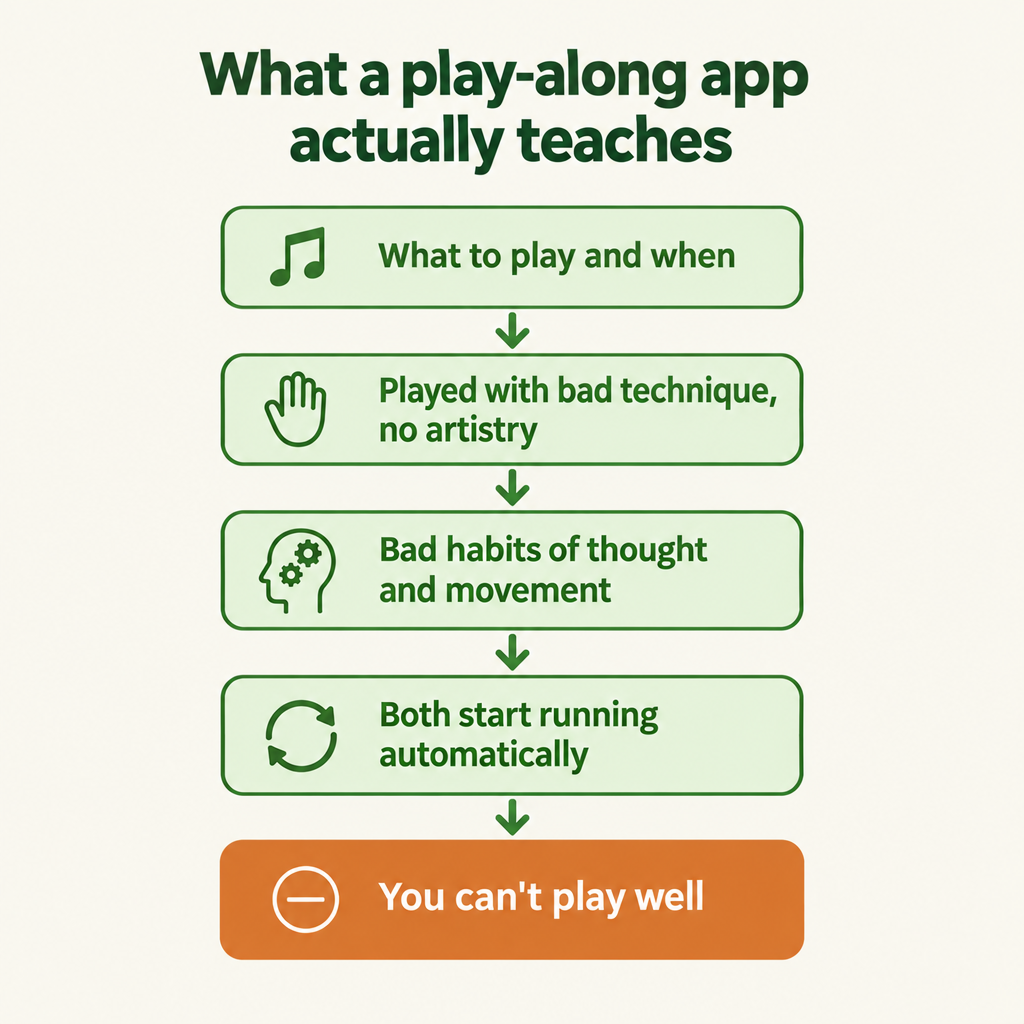 Flow chart showing that a play-along app teaches what to play and when, with bad technique and no artistry, which builds bad habits of thought and movement that run automatically