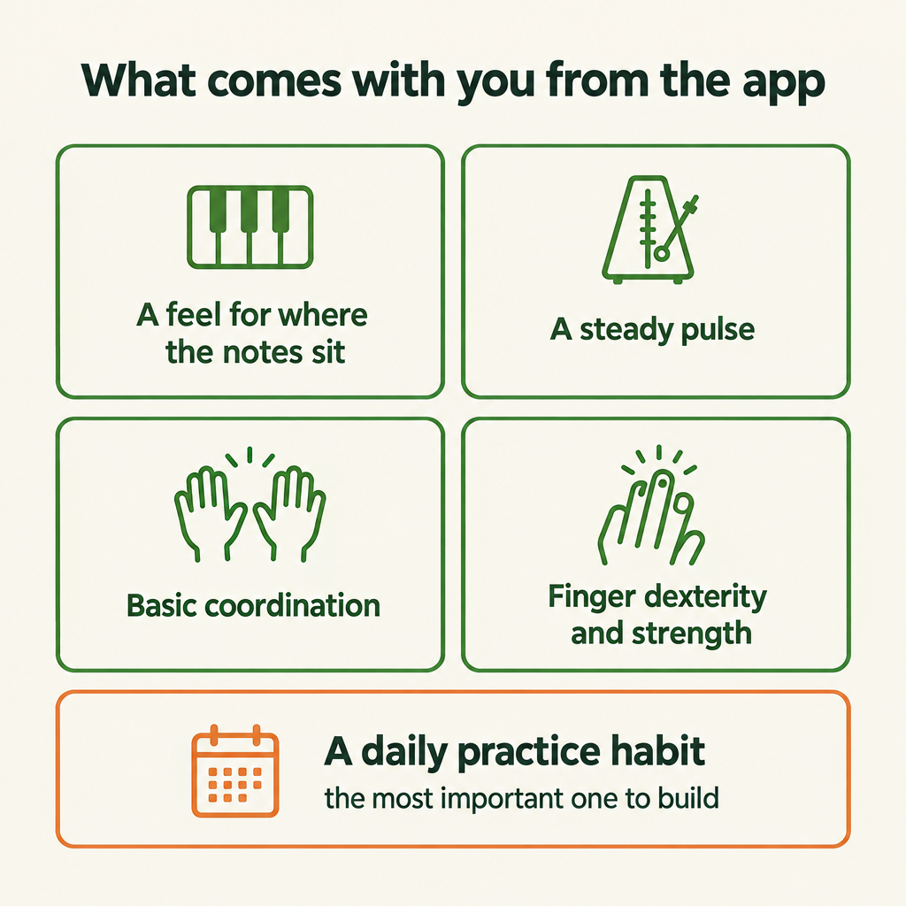 What comes with you from the app: a feel for where the notes sit, a steady pulse, basic coordination, finger dexterity and strength, and a daily practice habit