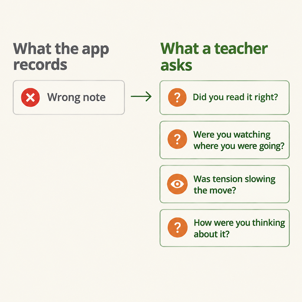 An app records only a wrong note, while a teacher asks whether you read it right, were watching where you were going, had tension slowing the move, and how you were thinking